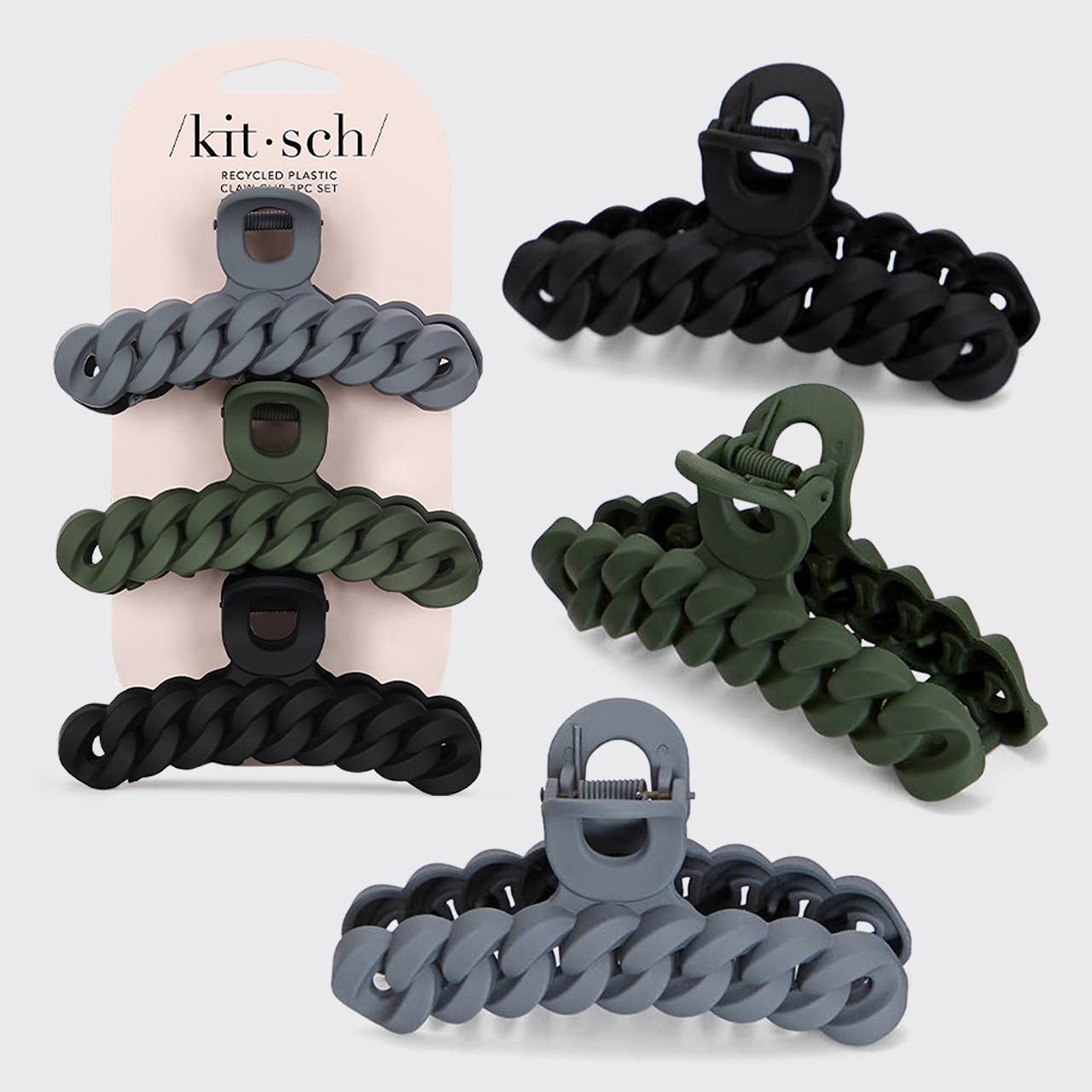 “Eco‑friendly chain claw hair clip 3‑pack in black and moss”
“Sustainable hair claw clips with chain detail in moss and black”
“Recycled material claw clip set for stylish eco beauty”
