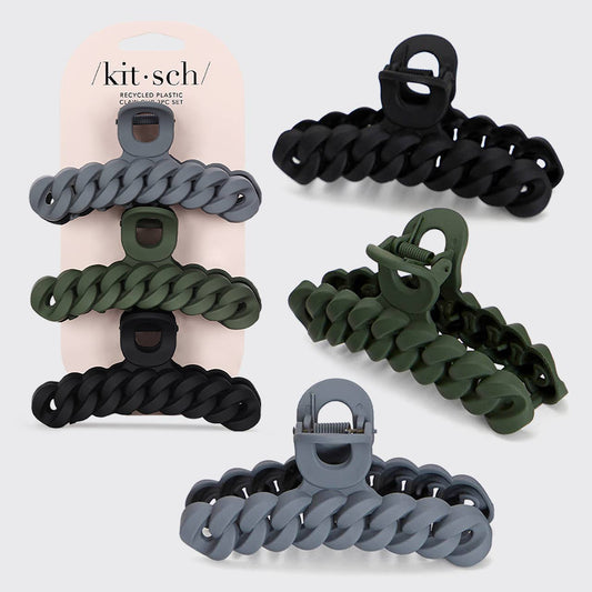 “Eco‑friendly chain claw hair clip 3‑pack in black and moss”
“Sustainable hair claw clips with chain detail in moss and black”
“Recycled material claw clip set for stylish eco beauty”