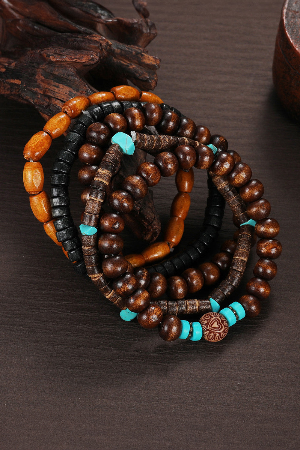 Boho Wooden Beaded Bracelet Set with Turquoise – Multi Layer Stack Stretch Bracelet