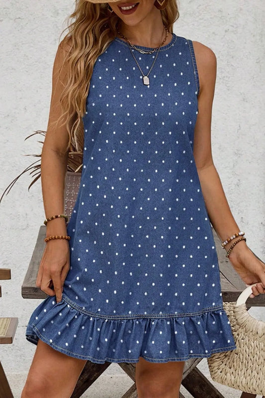 ~PREORDER~ Blue Polka Dot Ruffle Hem Sleeveless Denim Mini Dress ~PREORDER~