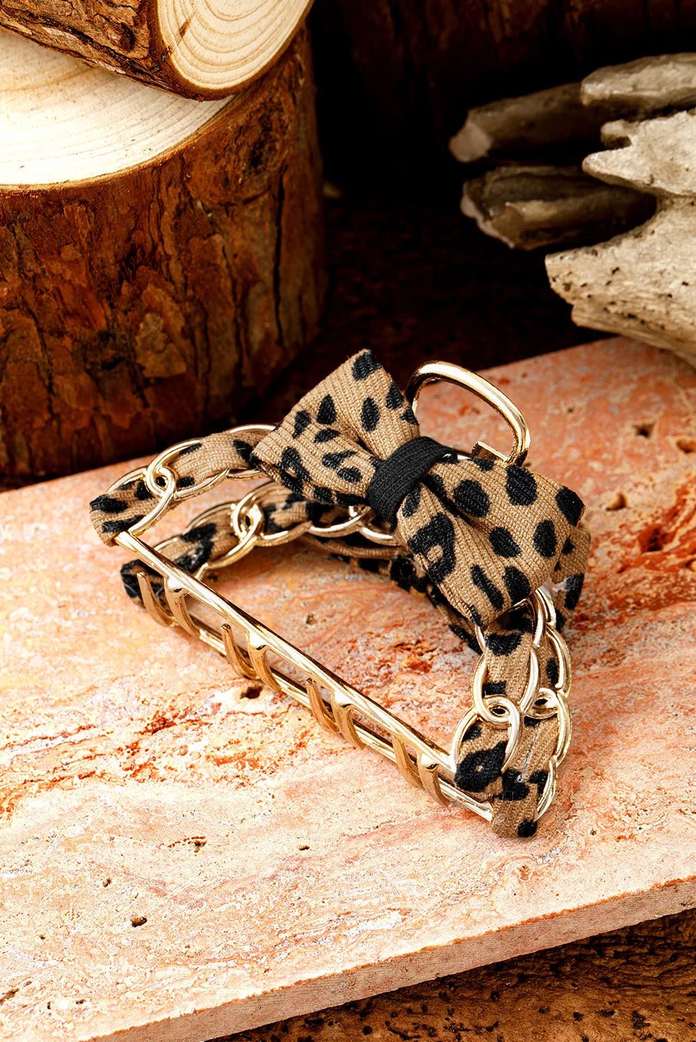 Camel Leopard Bow Hair Claw Clip | Gold Alloy Hair Clip with Leopard Print Bow Detail