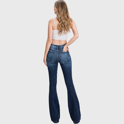 Petra Mid Rise Flare Jeans | Distressed Stretch Trouser Hem Denim