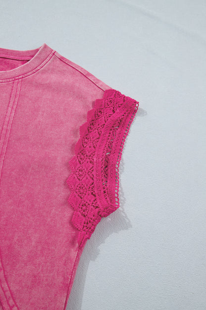 ~PREORDER ~ Pink Mineral Wash Lace Trim Cap Sleeve Top ~PREORDER ~