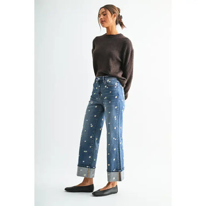 Mica Denim Daisy Daydream Cuffed Jeans | High-Rise Floral Embroidered Wide Leg Denim