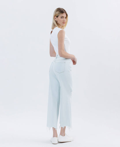High Rise Distressed Crop Wide Leg Jeans – Frayed Hem Comfort Stretch Denim Vervet T6839