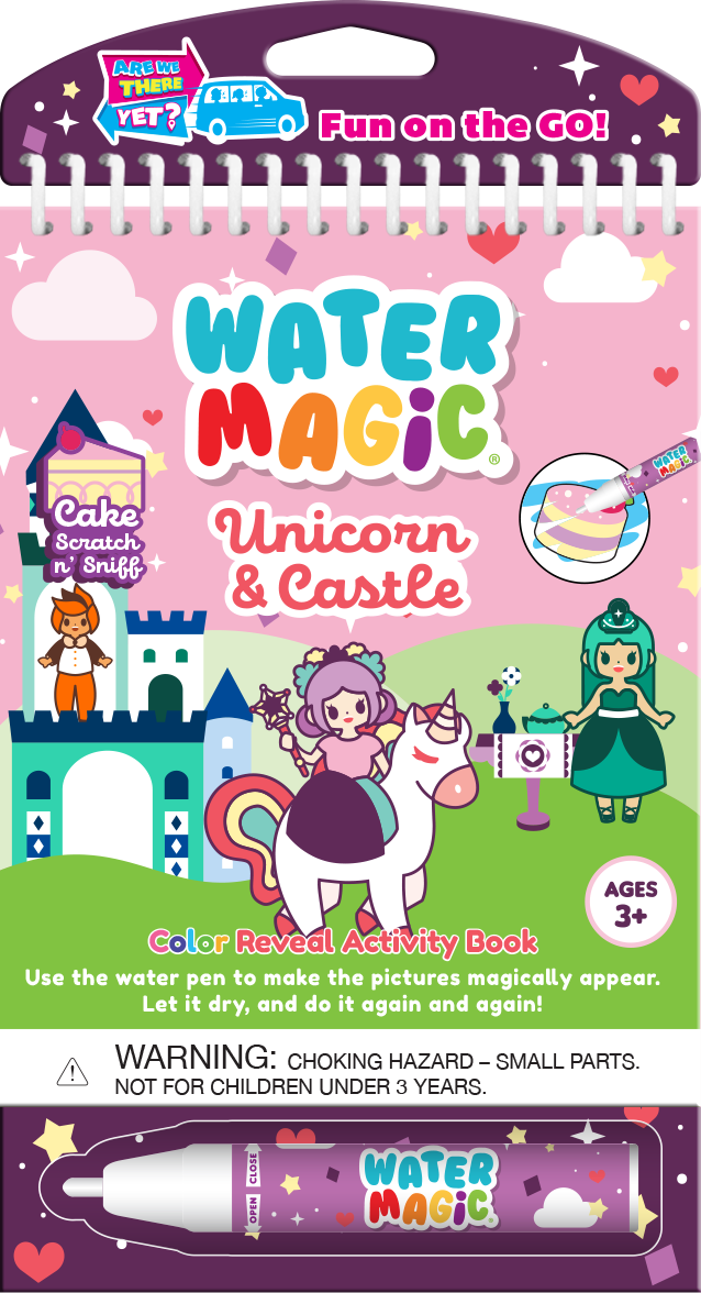 Water Magic “Princess & Unicorn” activity book showing closed cover

Child using the scented water pen to reveal hidden princess-and-unicorn illustrations

Close-up of the water pen revealing colorful details on scene boards

Kit contents: four scene boards with brush and packaging