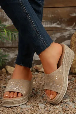 Beige Rhinestone Suede Slip-On Wedge Slippers | Cozy Chic Boutique Footwear