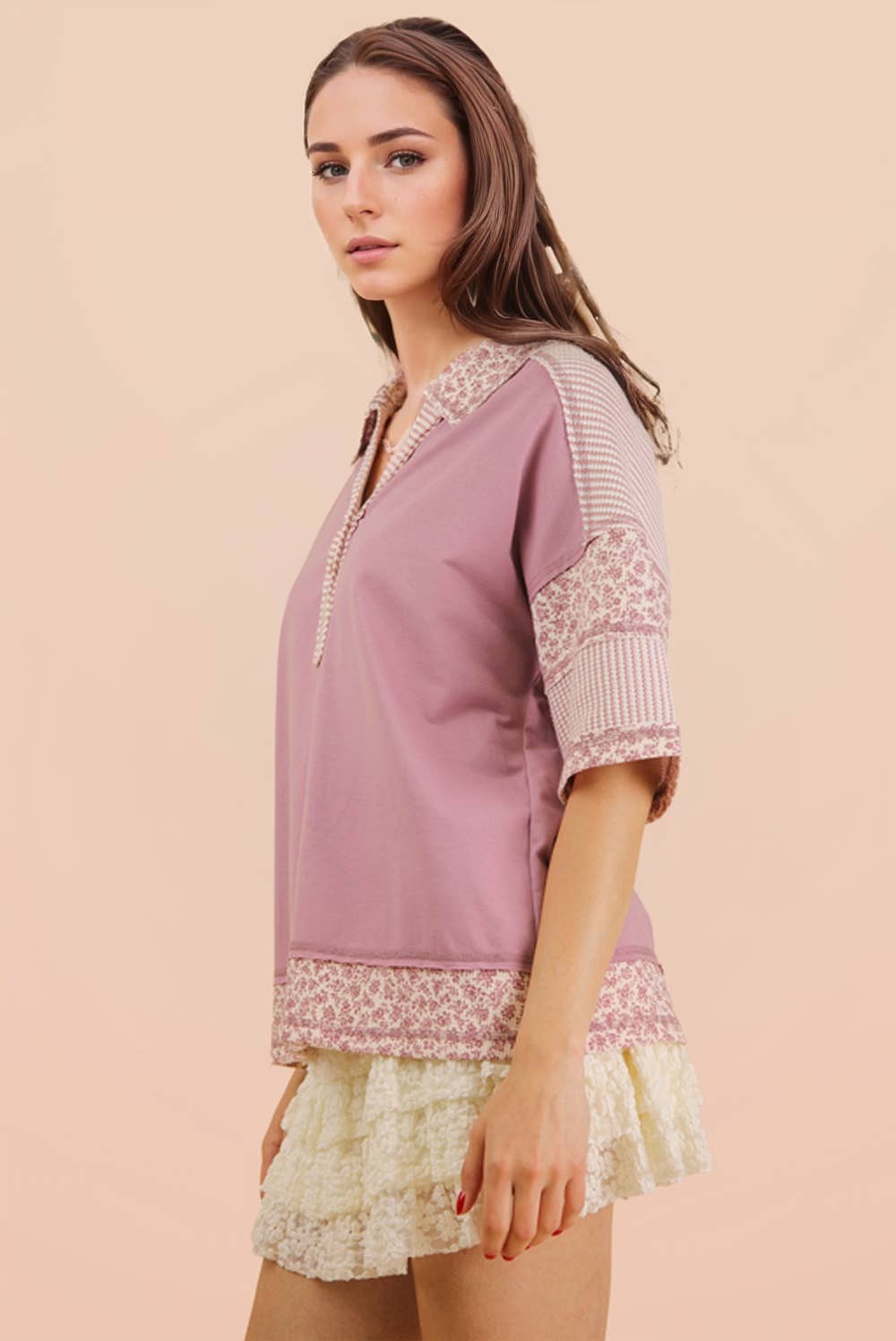 Blush Contrast Collared Knit Top | Oversized Half Button Down Shirt