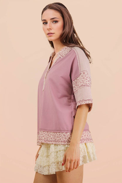 Blush Contrast Collared Knit Top | Oversized Half Button Down Shirt
