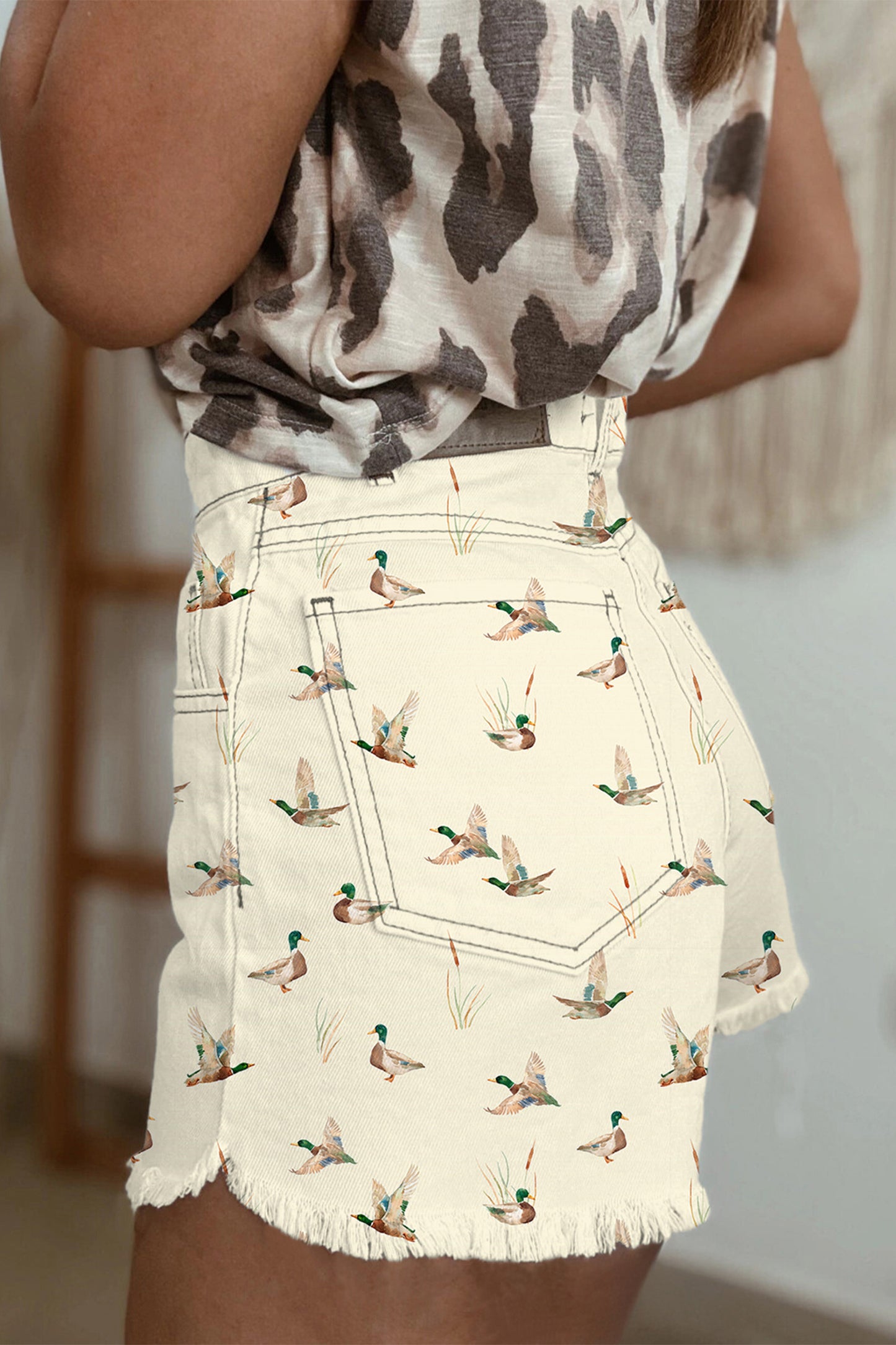 ~PREORDER ~ Beige Wild Duck Mallard High Waist Frayed Denim Shorts ~PREORDER ~