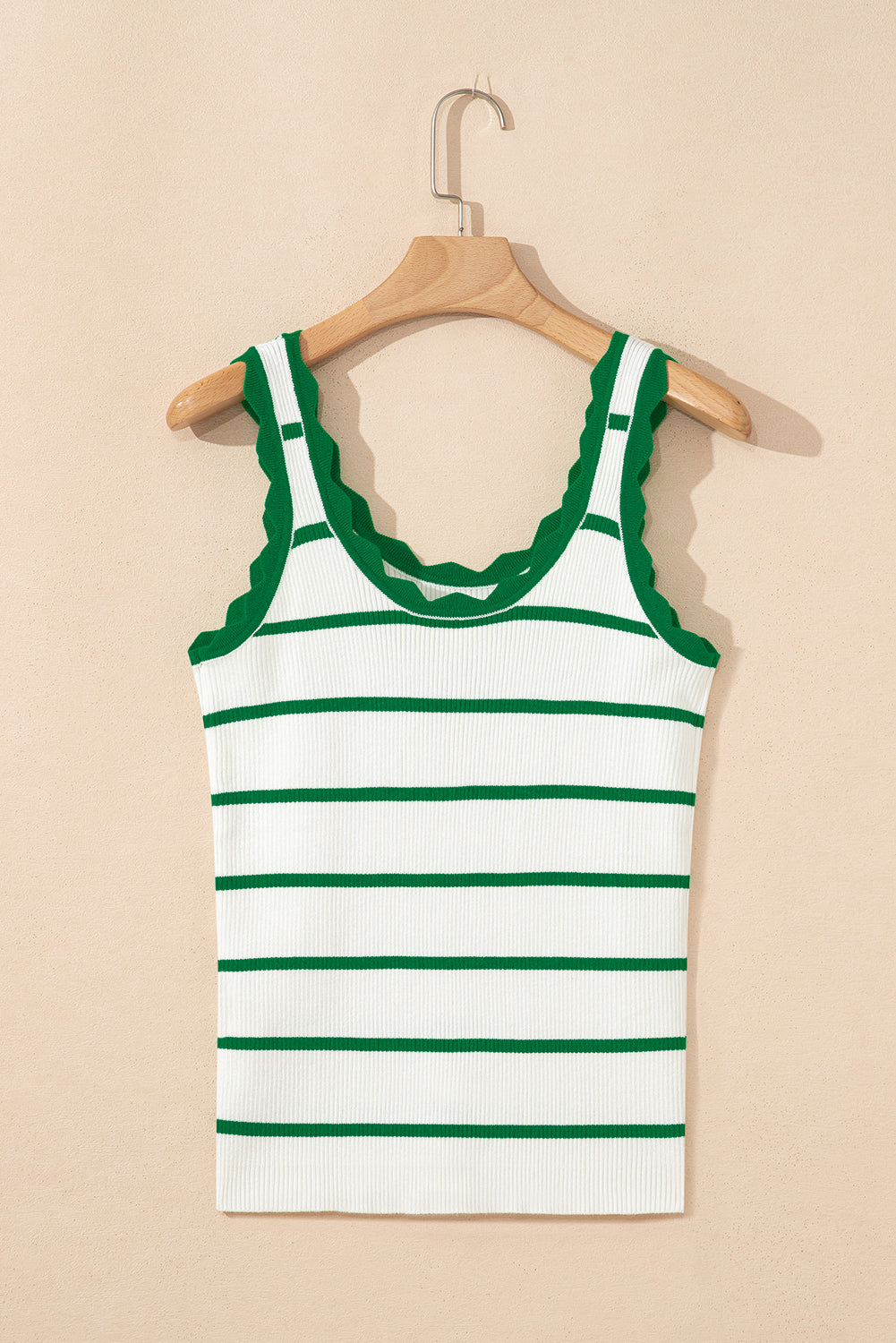 “Bright green striped sleeveless sweater with scalloped edge – B7 Boutique”
“U-neck knit tank with bold stripes and feminine trim”
“Green and white striped boutique sweater tank”