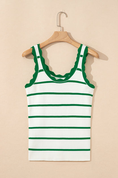 “Bright green striped sleeveless sweater with scalloped edge – B7 Boutique”
“U-neck knit tank with bold stripes and feminine trim”
“Green and white striped boutique sweater tank”