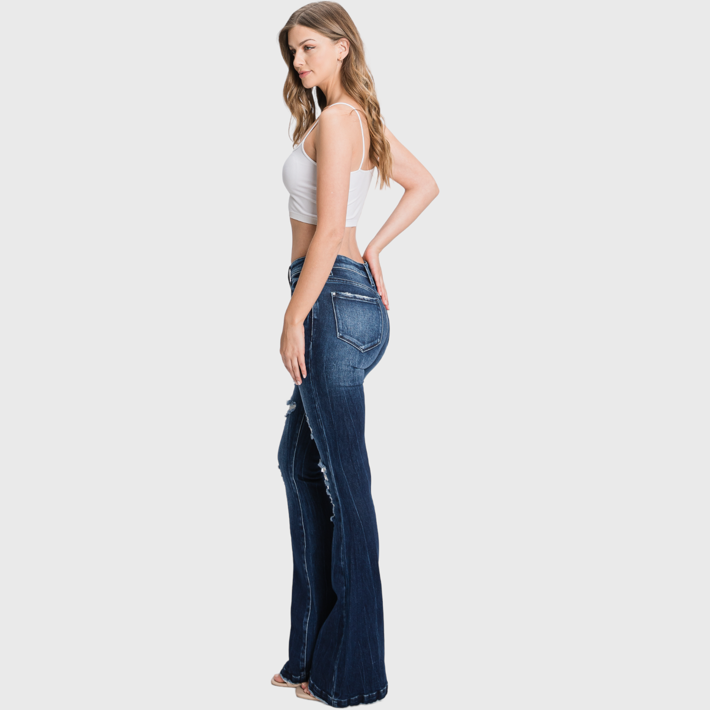 Petra Mid Rise Flare Jeans | Distressed Stretch Trouser Hem Denim
