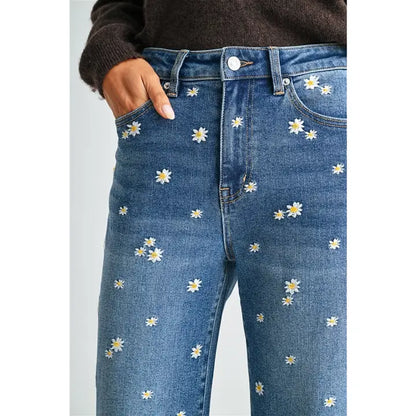 Mica Denim Daisy Daydream Cuffed Jeans | High-Rise Floral Embroidered Wide Leg Denim