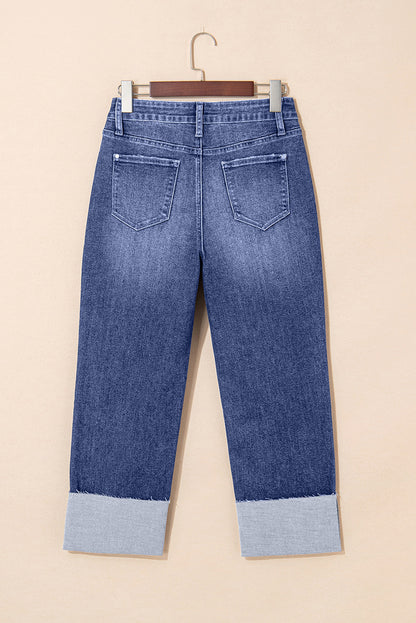 Real Teal Distressed High Waist Straight Leg Jeans with Folded Cuffs