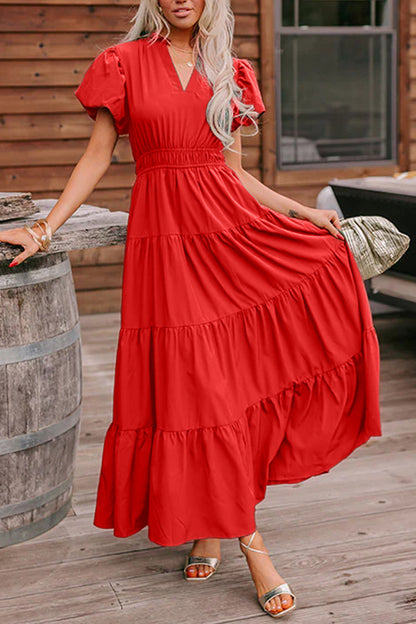 Red Tiered Maxi Dress – Puff Sleeve V Neck High Waist Flowy Summer Dress for Women