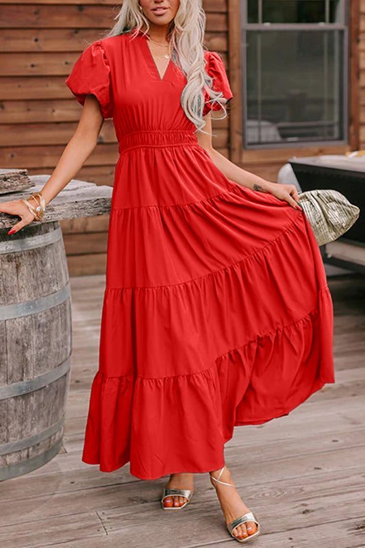 Red Tiered Maxi Dress – Puff Sleeve V Neck High Waist Flowy Summer Dress for Women