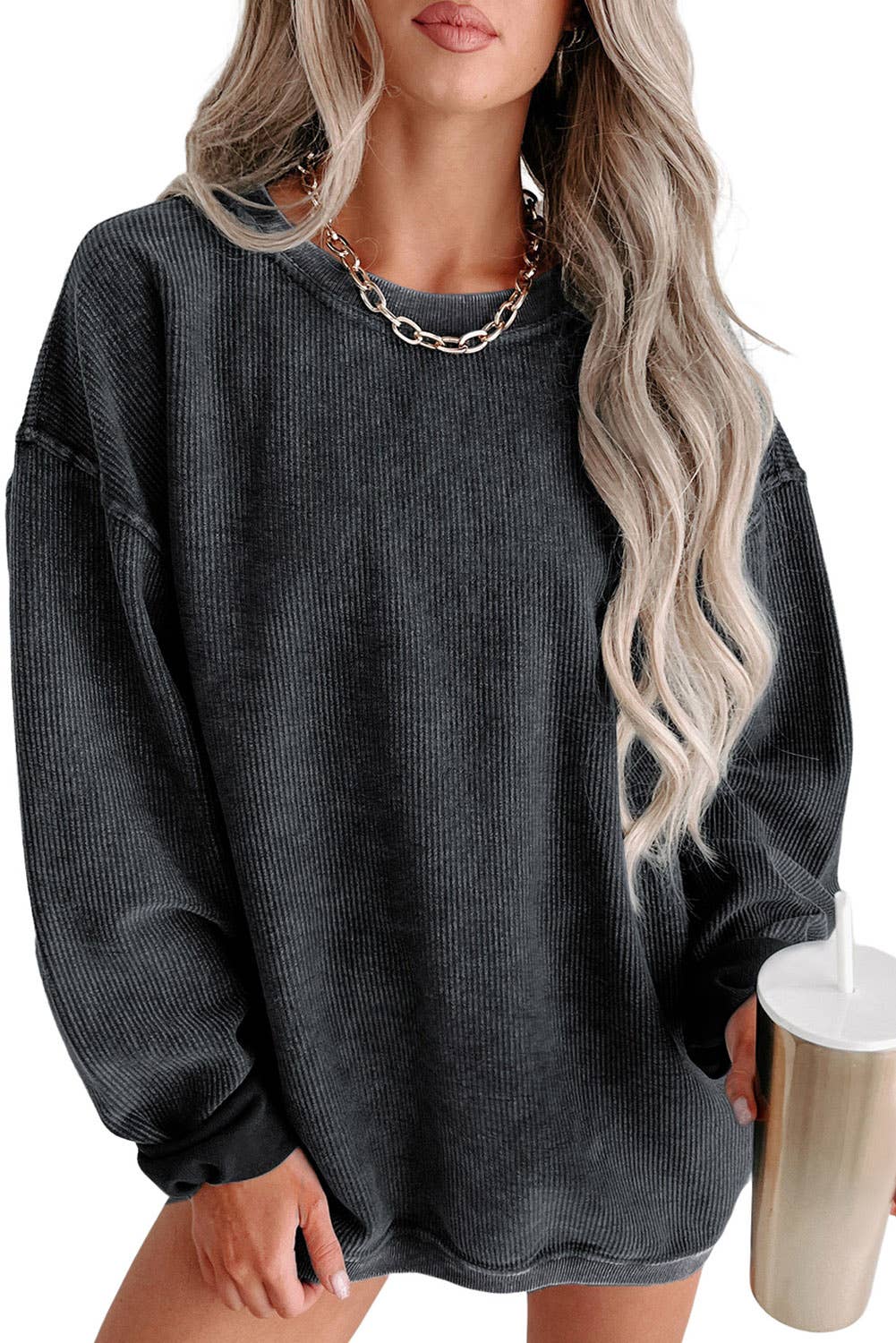 Solid Ribbed Knit Round Neck Pullover Sweatshirt