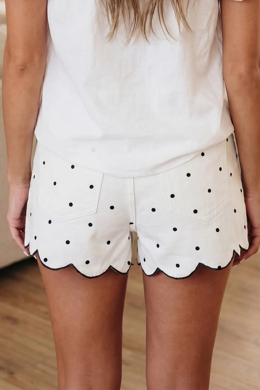 ~PREORDER~ White Polka Dot Embroidered Scallop Hem Shorts ~PREORDER~