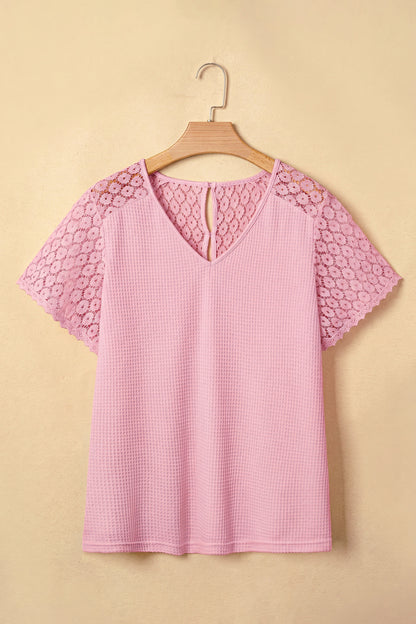 ~PREORDER ~ Lace Splicing Button Cutout V Neck Waffle Knit Blouse ~PREORDER ~