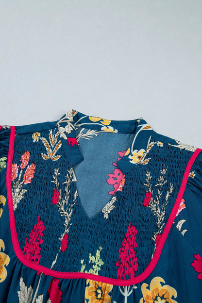 ~PREORDER~ Blue Floral Gathered Neckline Midi Dress ~PREORDER~