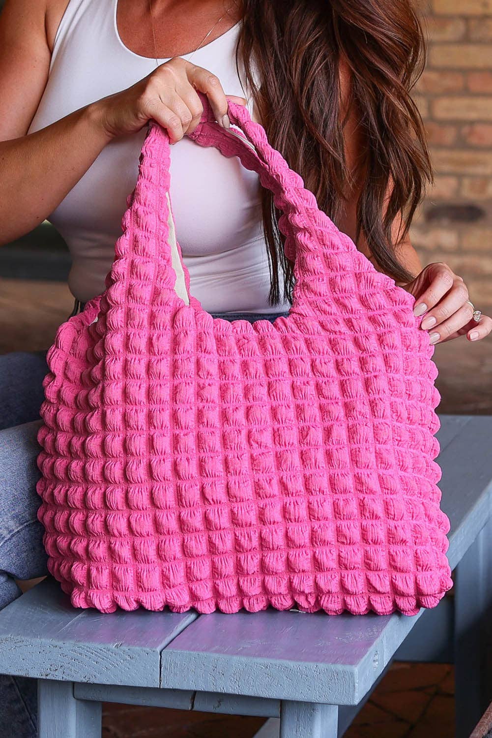 Rose Red Puffy Texture Casual Shopping Bag – Oversized Bubble-Pleated Tote (One Size)