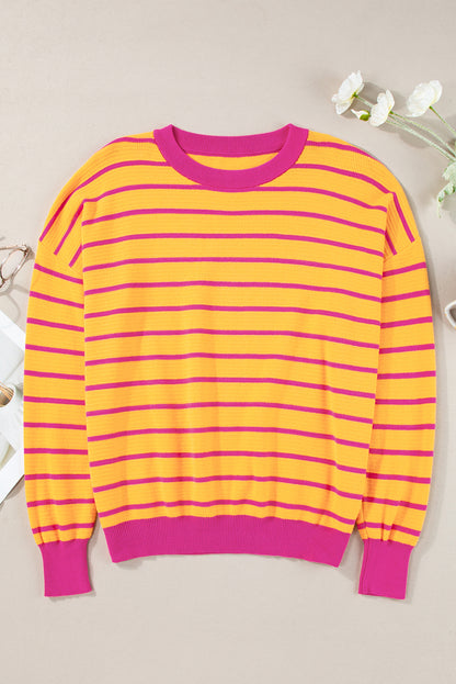 Stripe Trimmed Round Neck Drop Shoulder Sweater – Relaxed Fit Striped Knit