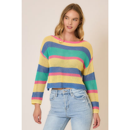 Sunset Stripe Open Knit Sweater – Lightweight Multi Color Cropped Pullover