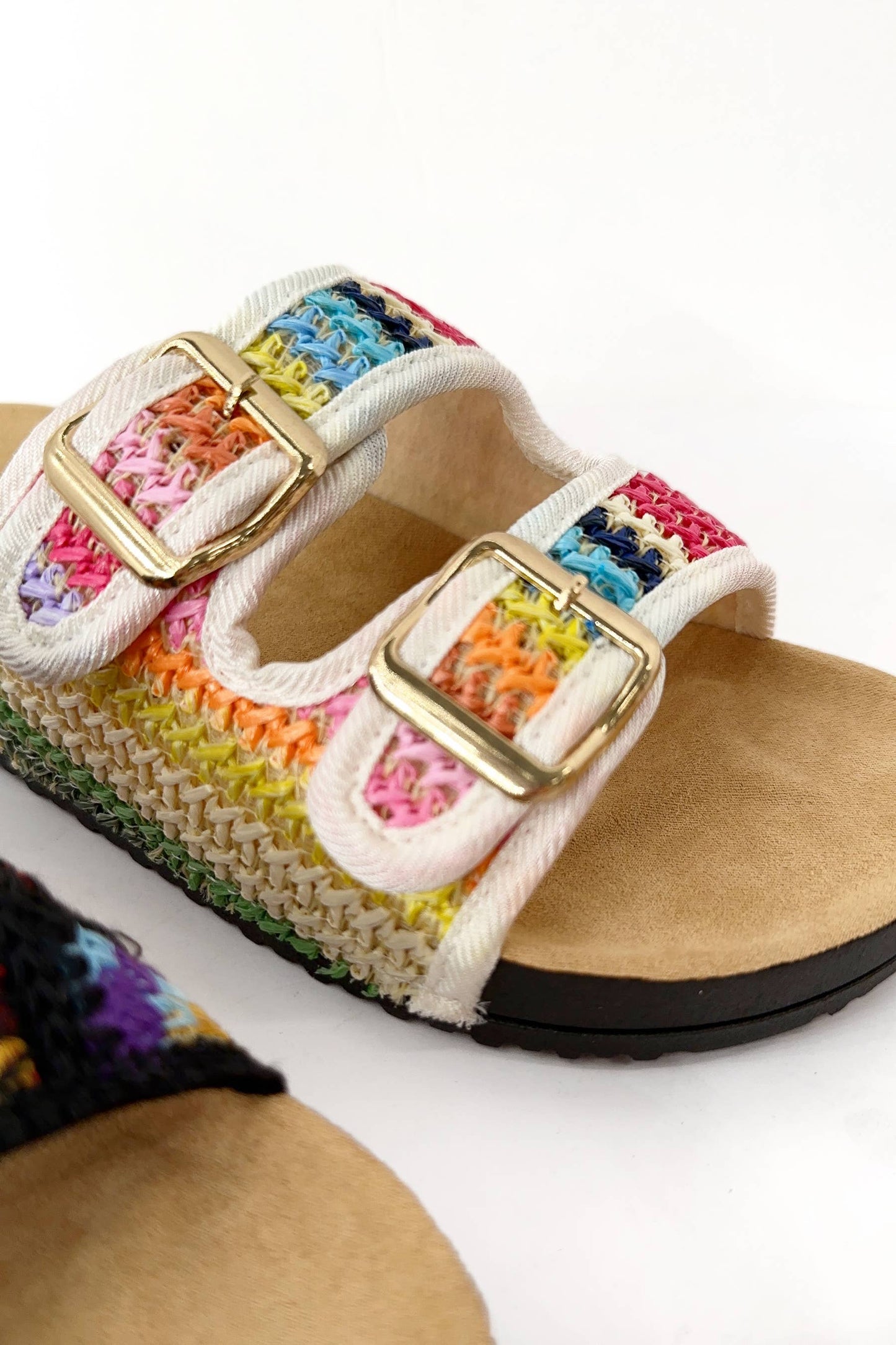 BACON COLORFUL CROCHET KNIT DOUBLE STRAP CORK SLIDE SANDAL