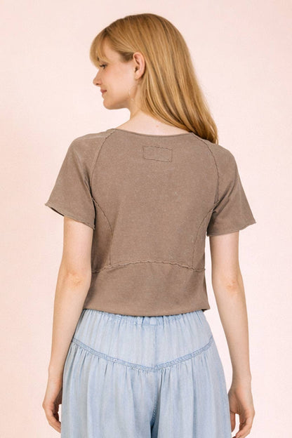 Mineral Washed Fitted Crop Top | Raw Edge Short Sleeve Tee
