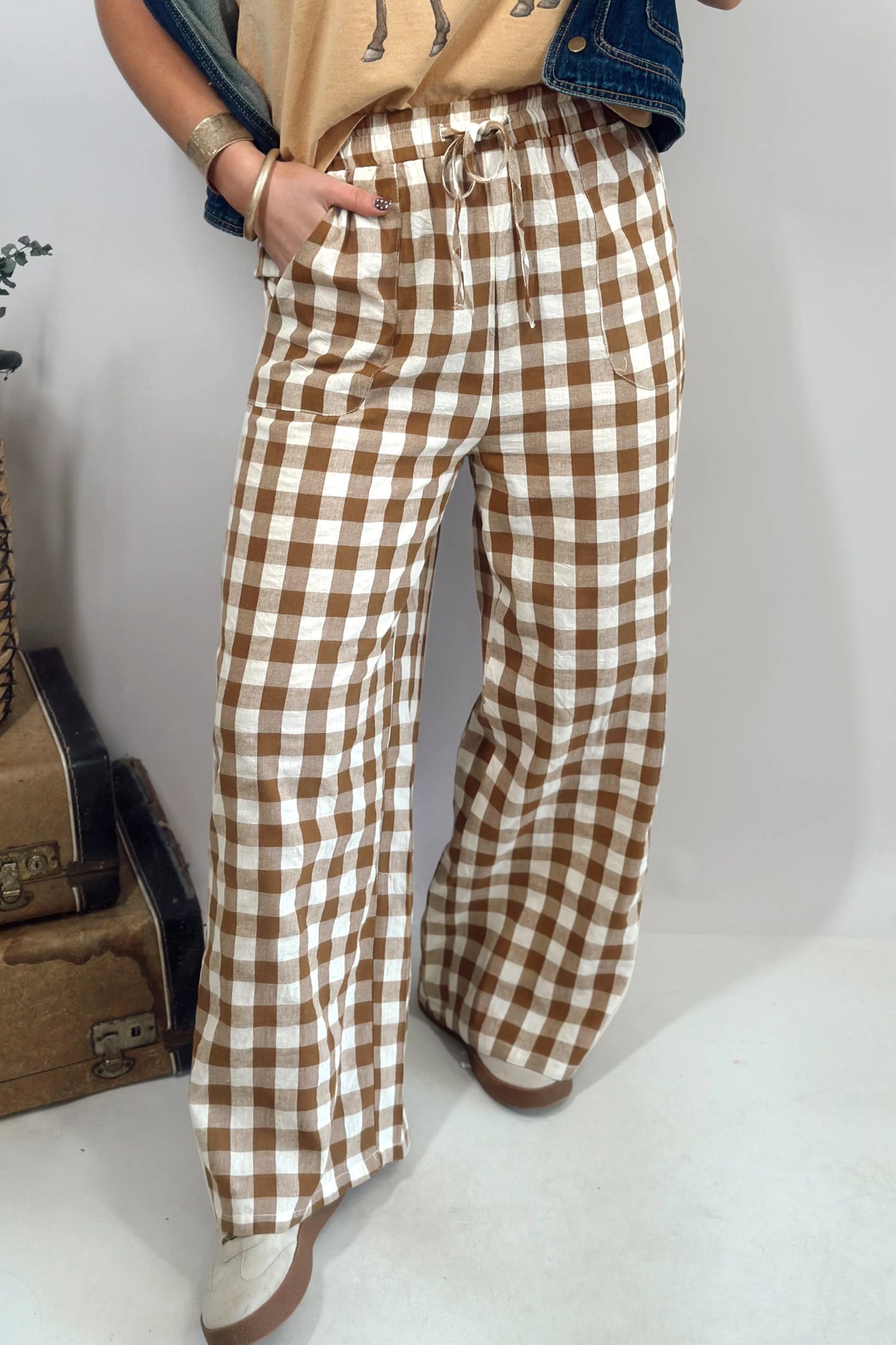 ~PREORDER ~ Brown Gingham Plaid Tie Elastic Waist Shift Pants ~PREORDER ~