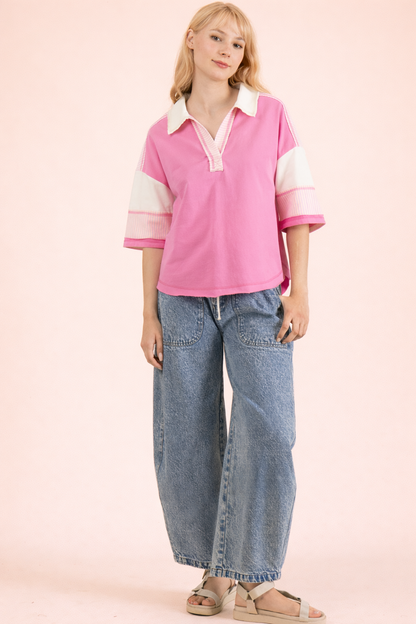 Oversized Collared Knit Top | Contrast Detail Half Sleeve Casual Shirt