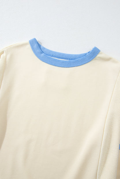 Beige Star Contrast Patchwork Long-Sleeve Top – Relaxed Fit with Exposed Seams