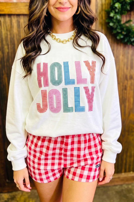 Holly Jolly Patchwork Sweatshirt | White Christmas Graphic Pullover