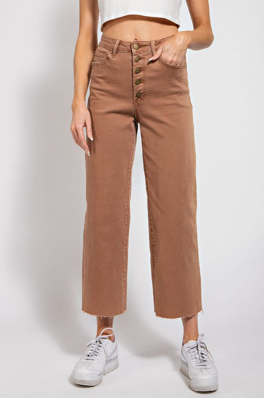 Easel button front stretch twill bell bottom pants