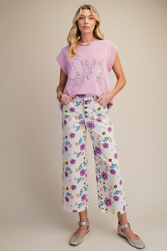 Bloom Babe Floral Wide Leg Pants – High Rise Cropped Twill Pants with Frayed Hem
