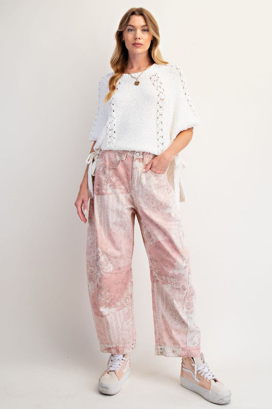 Easel Patchwork Printed Barrel Pants – High Rise Vintage Floral Wide Leg Trousers