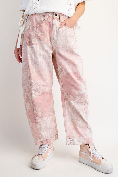 Easel Patchwork Printed Barrel Pants – High Rise Vintage Floral Wide Leg Trousers