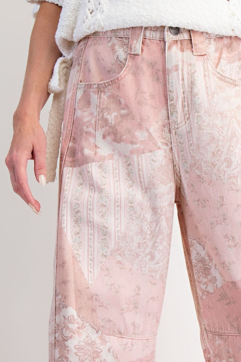 Easel Patchwork Printed Barrel Pants – High Rise Vintage Floral Wide Leg Trousers