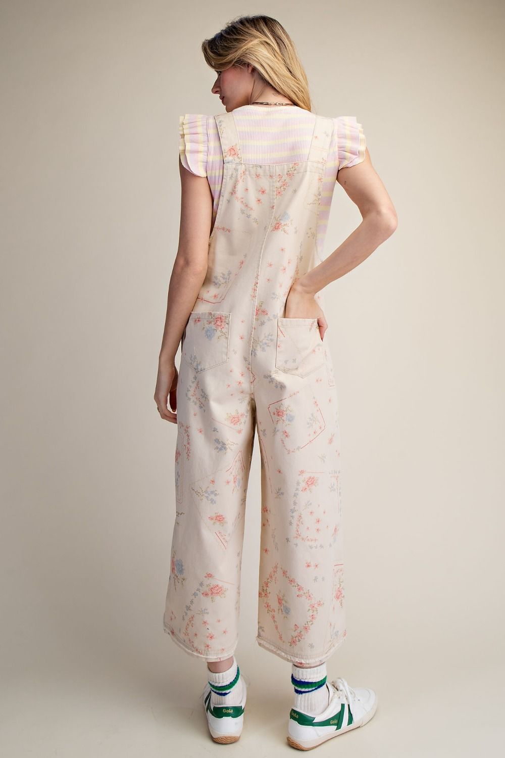 Floral Washed Twill Wide Leg Overalls – Relaxed Cropped Cotton Jumpsuit by Easel