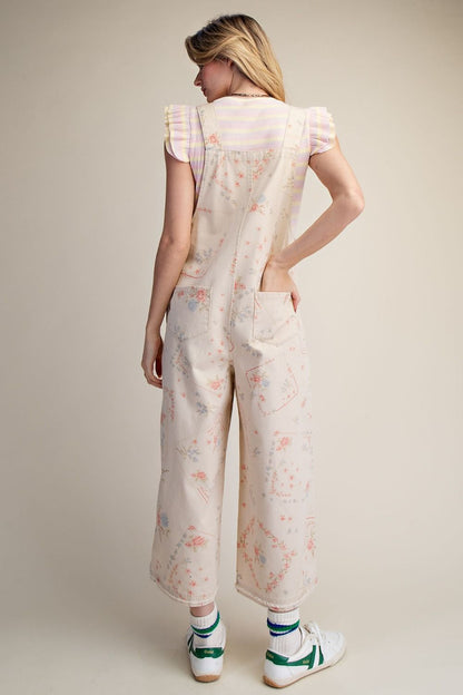 Floral Washed Twill Wide Leg Overalls – Relaxed Cropped Cotton Jumpsuit by Easel