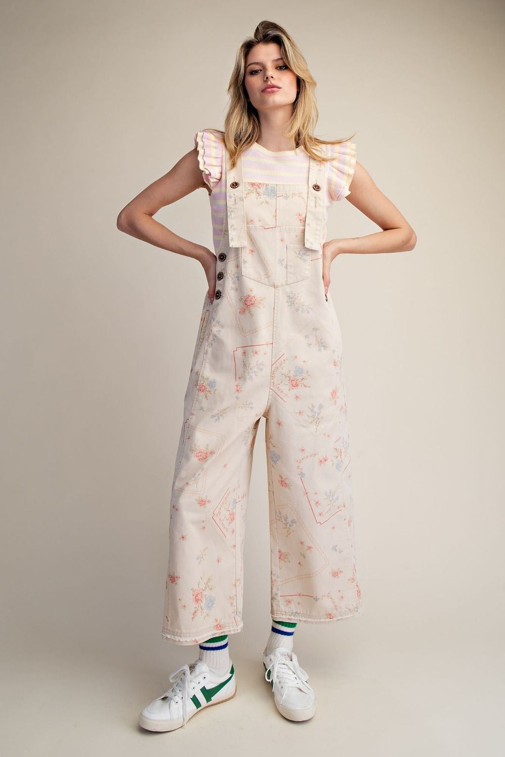 Floral Washed Twill Wide Leg Overalls – Relaxed Cropped Cotton Jumpsuit by Easel