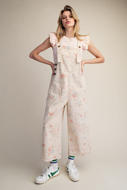 Floral Washed Twill Wide Leg Overalls – Relaxed Cropped Cotton Jumpsuit by Easel