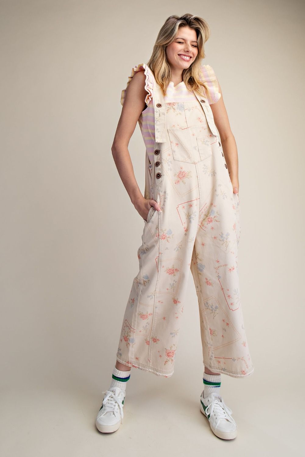 Floral Washed Twill Wide Leg Overalls – Relaxed Cropped Cotton Jumpsuit by Easel
