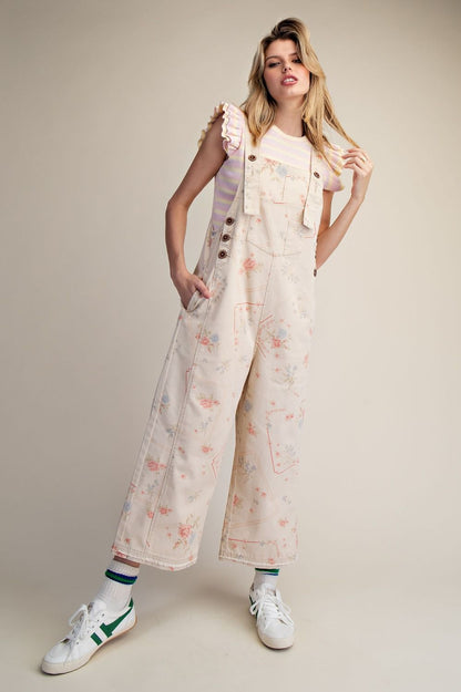 Floral Washed Twill Wide Leg Overalls – Relaxed Cropped Cotton Jumpsuit by Easel