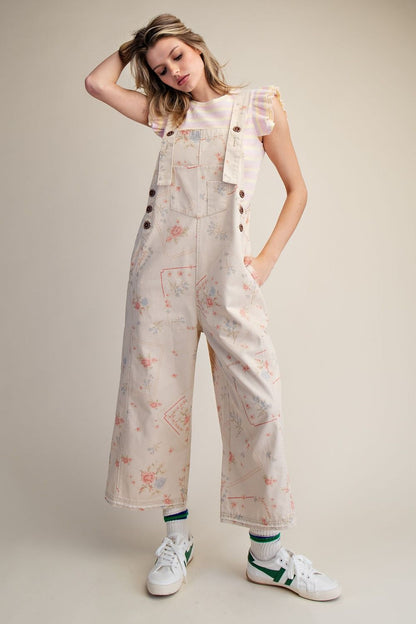Floral Washed Twill Wide Leg Overalls – Relaxed Cropped Cotton Jumpsuit by Easel