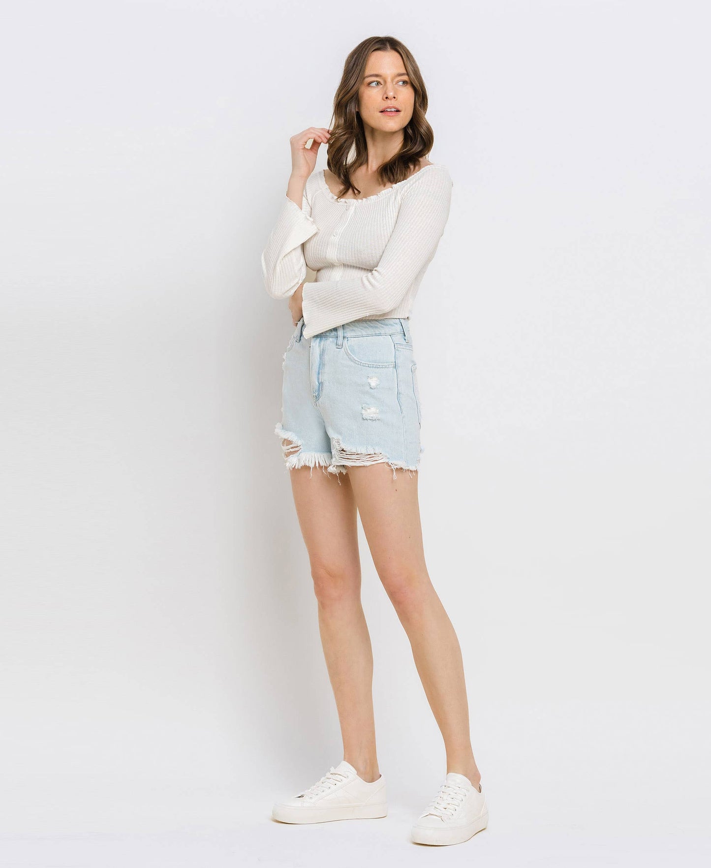 Vintage Edge Super High Rise Distressed Mom Shorts – Non Stretch Denim Cutoffs V2880 Vervet