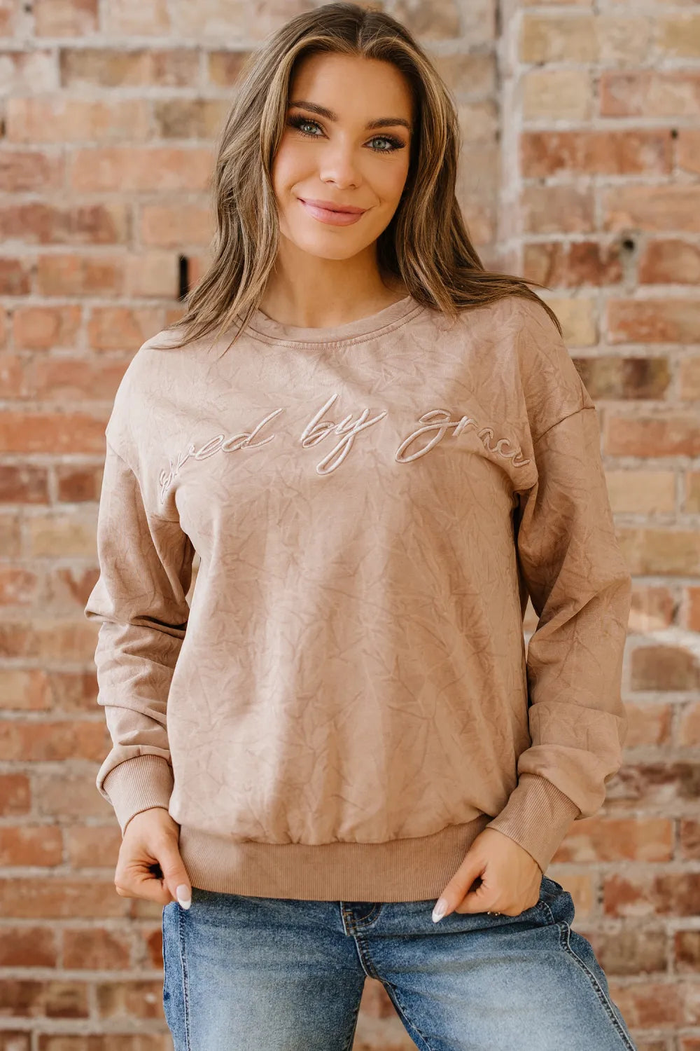 ~PREORDER~ Saved by Grace Dune Mineral Wash Embroidered Sweatshirt ~PREORDER~