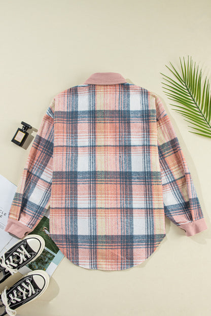 Plaid Corduroy Patchwork Shacket with Chest Pocket – Trendy Oversized Fall Jacket
