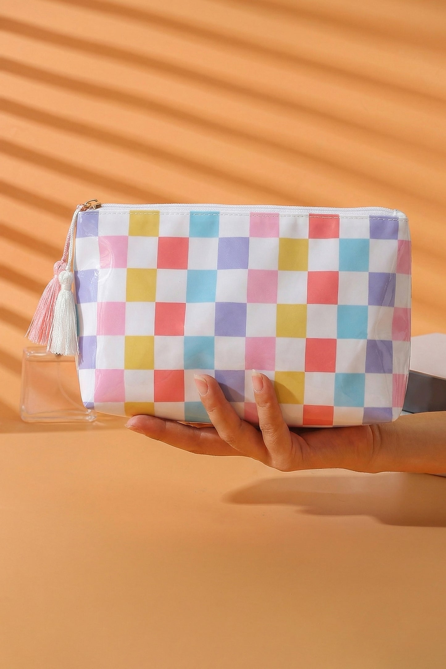 Pastel Checkered Tassel Makeup Bag | Waterproof Vinyl Zipper Pouch